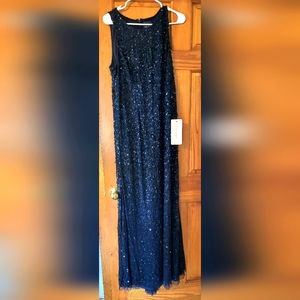 Adrianna Papell Navy Sequins Halter Crunch Long Gown